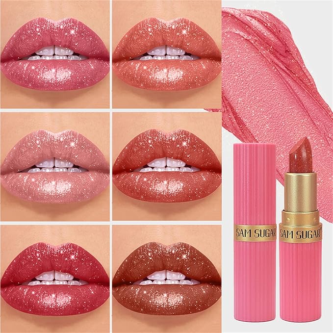 BONNIE CHOICE 6Pcs Glitter Lipstick Set, Red Rose Nude Pink Brown Glitter Shimmer Shine Lipstick Sets for Women Waterproof Long Lasting 24 Hours Lip Stick Makeup Gift Sets