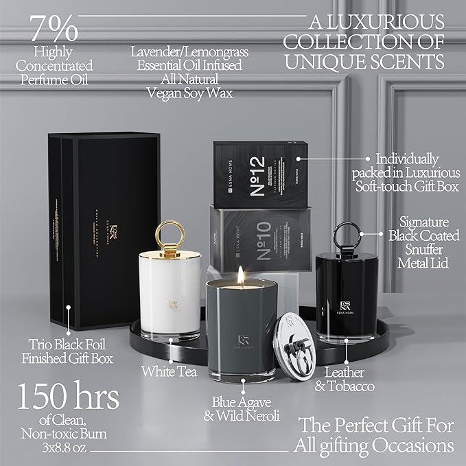 Trio Premium Gift Set 3 Full Size Highly Scented Aromatherapy Housewarming GIF All Natural Soy Candle Anniversary for Him Packed to Perfection Holiday Candle Gift for Christmas150h Hours Clean Burn
