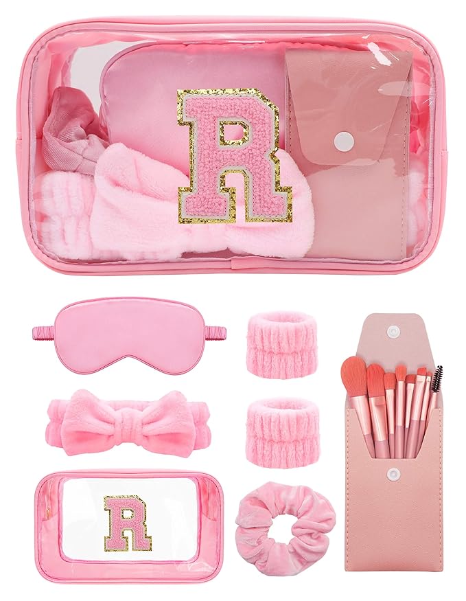 Gift Sets for Women, Initial Makeup Bag with Makeup Brush Set Bachelorette Party Favors, Pink Spa Kit with Skincare Headbands Wrist Bands Sleepover Party Supplies Gifts for Teen Girls Bridesmaid R