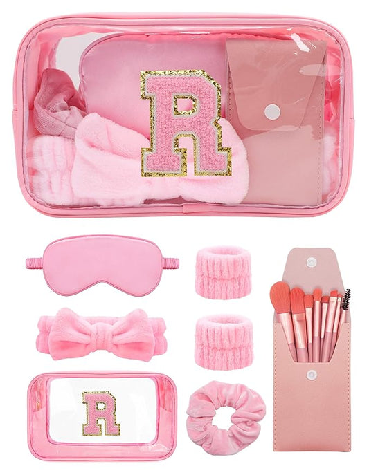 Gift Sets for Women, Initial Makeup Bag with Makeup Brush Set Bachelorette Party Favors, Pink Spa Kit with Skincare Headbands Wrist Bands Sleepover Party Supplies Gifts for Teen Girls Bridesmaid R