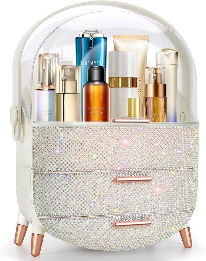 Bling Makeup Organizer for Teen Girl Gift,Hollywood Vanity Makeup Storage Box for Girl Birthday Gift,Practical Gift for Daughter,Bathroom Organizer,Skincare Organizer (Rhinestone White)