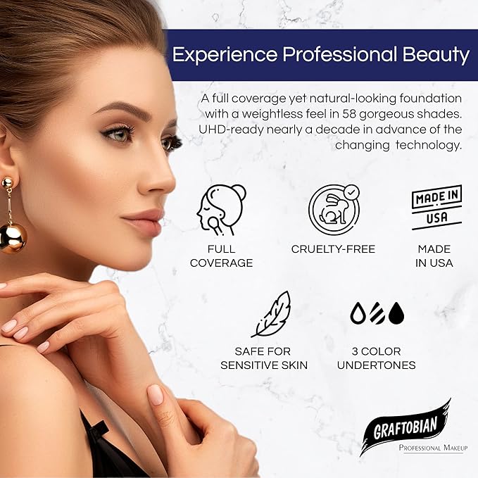 Graftobian HD Glamour Crème Foundation 1/2oz, Weightless Full Coverage Makeup, 65 Inclusive Shades, For All Skin Types, Natural or Full-Glam Looks, For Professionals and Beginners, Sweetheart