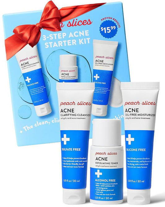 Peach Slices - 3-Step Acne Starter Kit (3 Products) - Skin Care Set - 1 Toner, 1 Cleanser, 1 Oil Free Moisturizer - 2% Salicylic Acid & Botanicals - Vegan & Cruelty Free - Korean Skin Care & Beauty