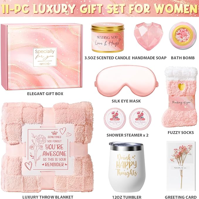 Birthday Gifts for Women, Self Care Gifts Get Well Soon Gifts Basket for Women, Rose Relaxing Spa Gifts Care Package w/ Luxury Blanket, Mothers Day Gifts for Mom Her Wife Girlfriend Friend Sister
