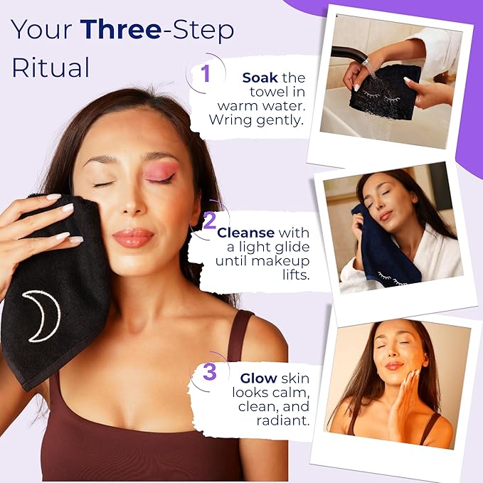 Black Makeup Washcloths for Face, 5-Pack Face Towels Reusable, 11.5 x 11.5, Gift-Ready Box, Viscose from Bamboo & Turkish Cotton