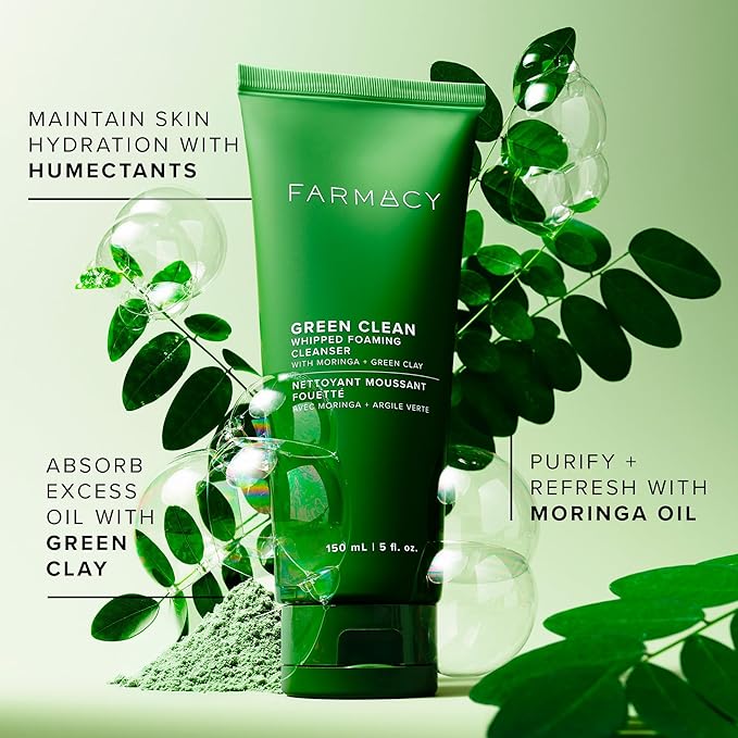 Farmacy Foaming Face Wash for Oily Skin - Whipped Greens Oil-Free Gentle Facial Cleanser & Exfoliator - Infused with Green Clay to Remove Impurities, Control Oil & Maintain Skin Hydration (50ml)