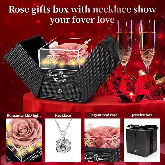 Preserved Card Pink Real Rose with Heart I Love You Necklace -Eternal Flowers Rose Birthday Gifts for Women Her Mom Wife Girlfriend Grandma on Valentines Mothers Day Christmas Anniversary-Card Pink
