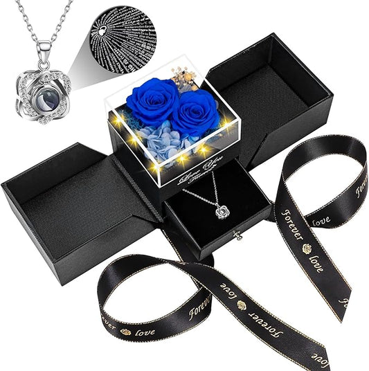 2 Preserved Real Rose with Heart I Love You Necklace- Eternal Rose Birthday Gifts for Women Wife Girlfriend Her Mom Grandma on Festivals Gifts Christmas Valentines Mothers Day Anniversary-Blue Rose