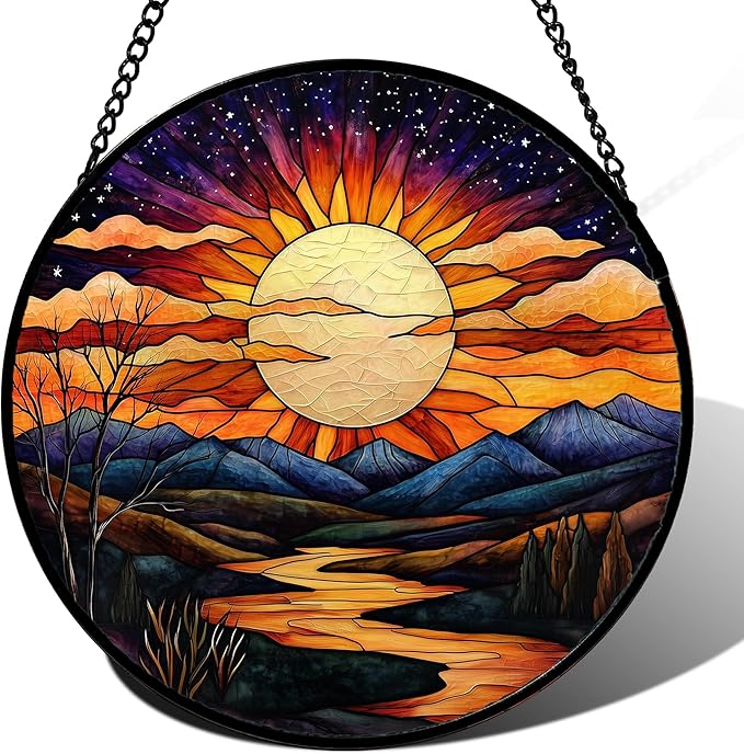 Stained Glass Window Hanging, The Sun Shines Brightly on Lake Sun Catchers Colorful Glass Panel Suncatcher Decor for Birthday for Women, Men, Wife, Lovers, and Mom 14.9x14.9 in