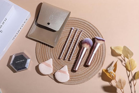 BS-MALL Travel Makeup Brushes Premium Synthetic Foundation Powder Concealers Eye Shadows 7 PCS with Triangle Puff & Storage Bag (Bright pink)