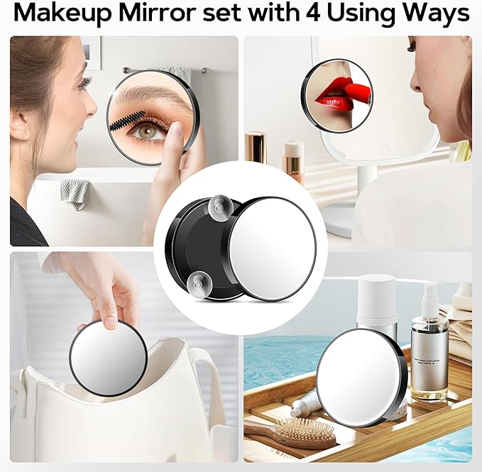 MIYADIVA Magnifying Mirror Set, 20x&30x&40x Suction Cup Makeup Mirror, 2 Tweezers & Storage Bag, 3.5 Inch Compact Mirror for Travel, Bathroom, Home, Gifts for Women
