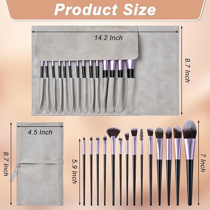 Makeup Brushes, 14 Pcs Professional Makeup Brush Set, Eye and Face Foundation Brush Set, Eyeshadow Brushes, Cosmetic Brushes, with PU Bag, Pale Purple