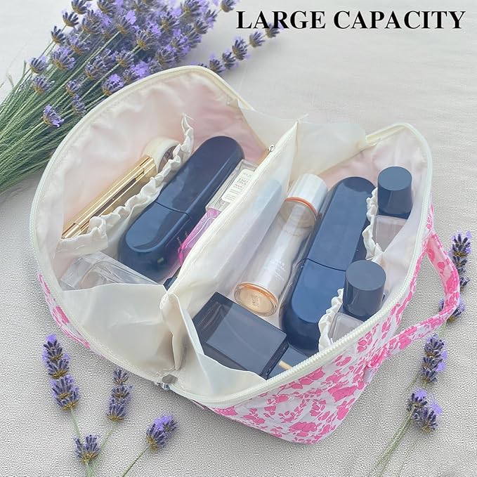 Pink Large Quilted Floral Makeup Bag Cute Coquette Aesthetic Cosmetic Bag Open Flat Travel Toiletry Make up Bag for Women