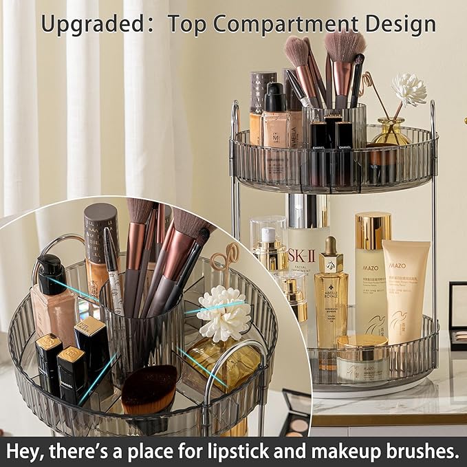 Rotating Makeup Organizer for Vanity, High-Capacity Skincare Clear Make Up Storage Perfume Organizers Cosmetic Dresser Organizer Countertop 360 Spinning (Gray, New-2 Tier)