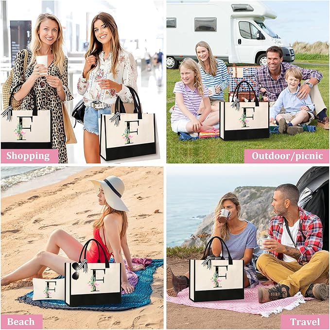 AYGE Personalized Initial Canvas Beach Tote, Monogrammed Gifts for Women, Makeup Bag, Birthday Gifts for Sister, Mom, Teacher, Bridesmaid (F)