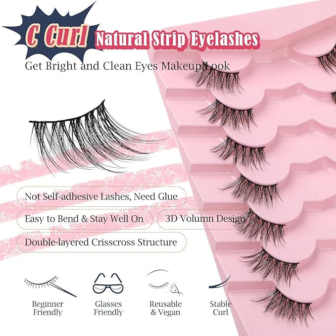 Half Lashes Cat Eye False Eyelashes Natural Look 14MM Natural Corner Lashes Wispy Half Eyelashes 3/4 Lash with Thin Cotton Band C Curl Soft Eyelash Siligli 7 Pair
