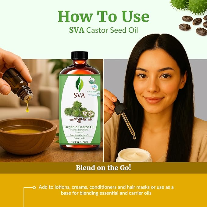 SVA Castor Seed Oil Organic - 16 Fl Oz – 100% Natural Cold Pressed Organic Castor Oil - for Face, Skin Care, Hair Care, Scalp Massage & Body Massage with Pump