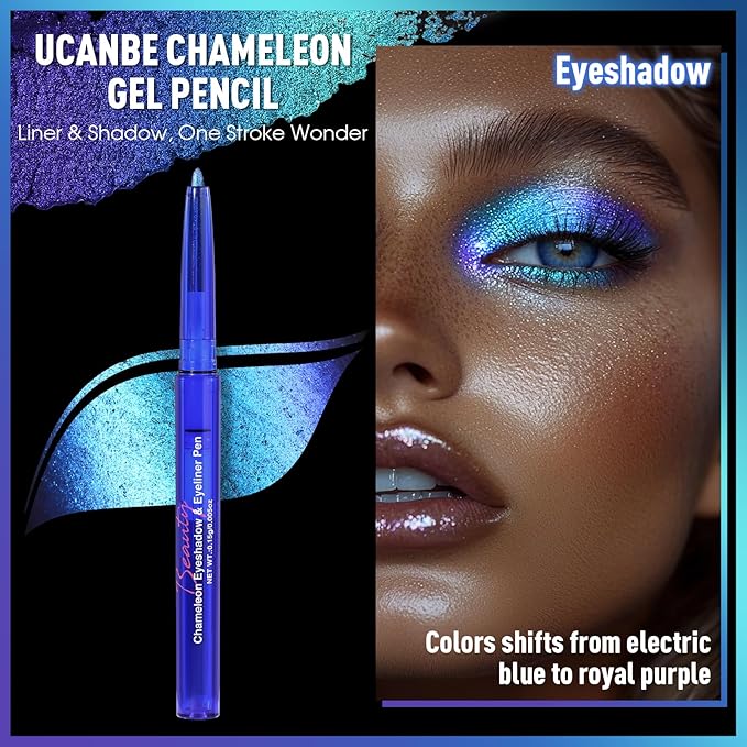 UCANBE Chameleon Eyeshadow & Eyeliner Gel Pencil - Multichrome Shifting Colors Metallic Glitter Eye Makeup,Waterproof Long-Lasting Smudge-Proof Multi-Dimensional Color (Electric Blue to Royal Purple)