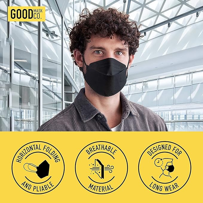 Good Mask Co. Good Comfort KN95 Face Mask, Disposable, Folding, Comfortable, Bulk (25 Pack, Black)