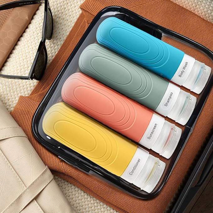 GLAMFIELDS TSA Approved Travel Bottles for Toiletries, 3oz Size Leak Proof Silicone Containers for Shampoo, Conditioner,Easy to Squeeze and Portable, Essentials for Traveling (4 Pack) Yellow