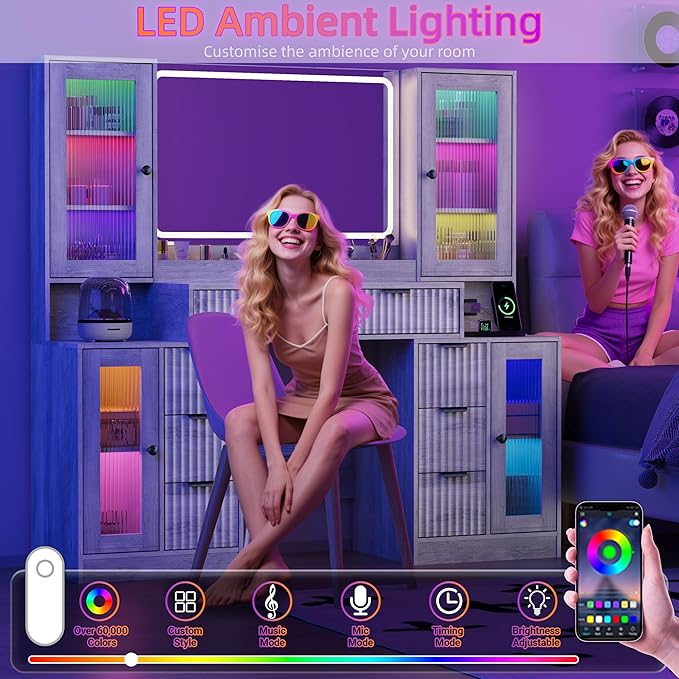 55" Vanity Desk with Mirror & Lights, Fluted Makeup Vanity with 8 Drawers & 4 Cabinets, Tempered Glass Top, RGB Cabinet Lighting, 3-Color Dimmable Mirror, and Charging Station (Gray Wash)