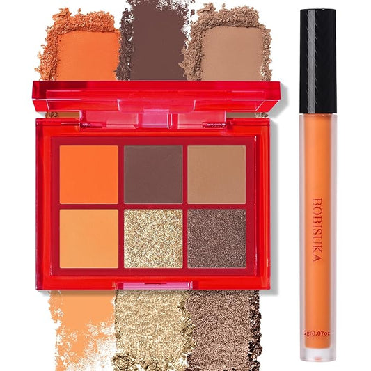 BOBISUKA Makeup Eyeshadow + Matte Lipstick Set, 6 Colors Orange Brown Warm Sunset Shimmer Matte Metallic Fall Eye Shadow Pallet with Orange Liquid Lipstick Makeup Kit for Halloween, Scary Pumpkin