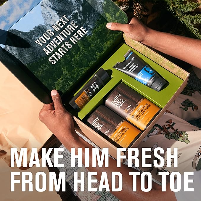 Every Man Jack Men’s Amber + Sandalwood Bath and Body Gift Set - Clean Ingredients & Sandalwood, Amber, and Vetiver scent - Round Out His Routine with Body Wash, 2-in-1 Shampoo, Deodorant & Face Wash