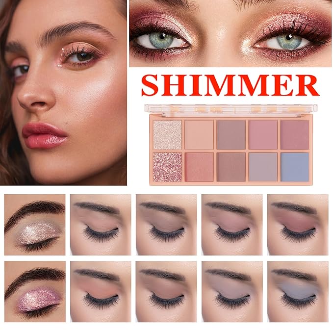 10 Colors Makeup Naked Eyeshadow Palette,Nude Matte Shimmer Eyeshadow Palette,Natural Glitter Pigment Eye Shadow Pallete Set Long Lasting & Waterproof Smokey Eye Professional Beauty Makeup Kit #8