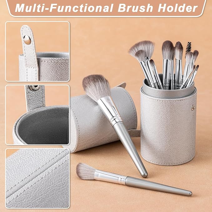 Makeup Brushes, 14 Pcs Professional Makeup Brush Set, Eye and Face Foundation Brush Set, Eyeshadow Brushes, Cosmetic Brushes, with 2 Blender Sponge and PU Case, Silvery