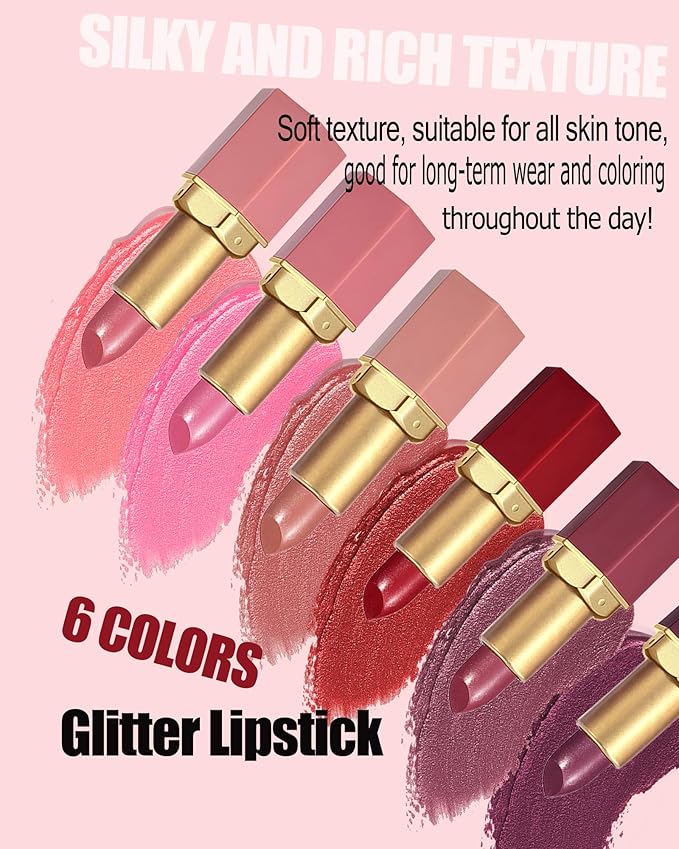 6 Pcs Glitter Lipstick Brown Nude Pink Purple Red Sets, Matte Shimmer Light to Dark for Women Long Lasting 24 Hours Lip Gloss, Sparkling Shiny Waterproof Lip Stick Color Lip Stain labiales Makeup Gift