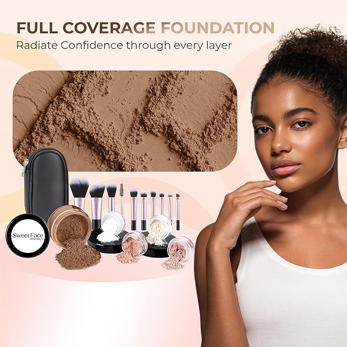 16pc Beginner Mineral Makeup STARTER KIT with 10 BRUSH SET (5gm)Sample Size Foundation, Primer, Blush, Bronzer, Setting Powder for Learning, Occasional Use & First Time Users, Travel Size Kit (Cocoa)