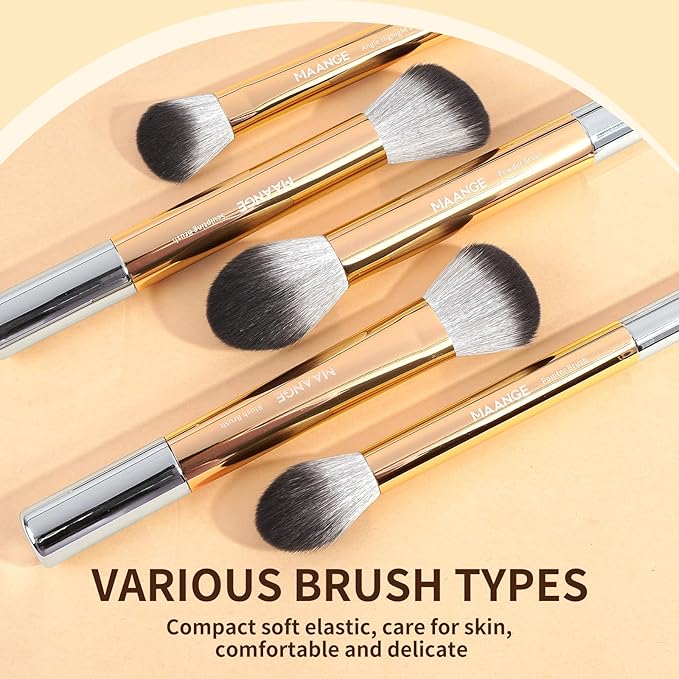MAANGE 14-Piece Makeup Brush Set with Aluminum Ferrule- Premium Synthetic Makeup Brushes Kit Foundation Powder Brush Eye Shadow for Beginners & Professionals(Gold and Silver)