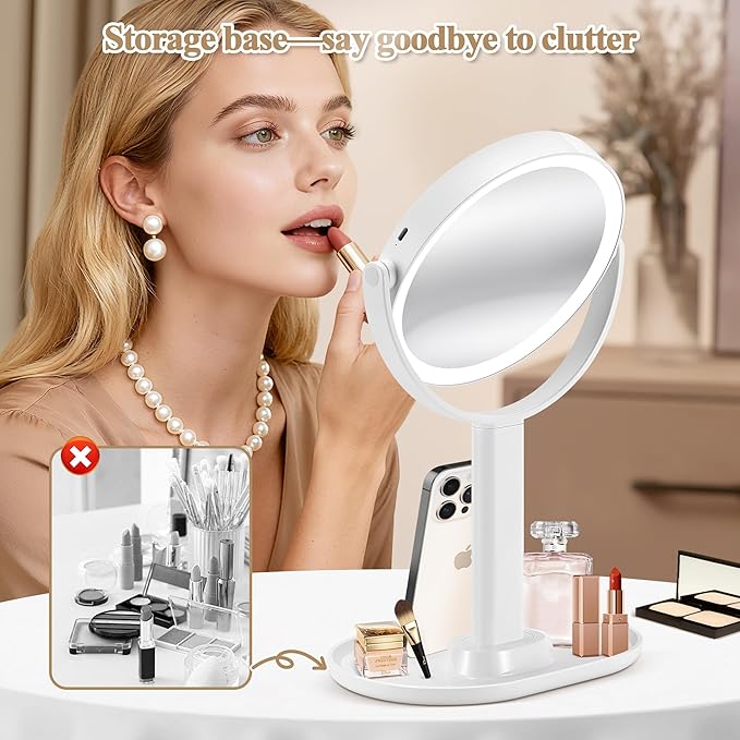 Makeup Mirror with Lights, Double Sided 1x/30x Magnifying Mirror with Light, Rechargeable 3 Color Lights and Adjustable Brightness, 360° Rotation Detachable Comes with Tweezer(White)