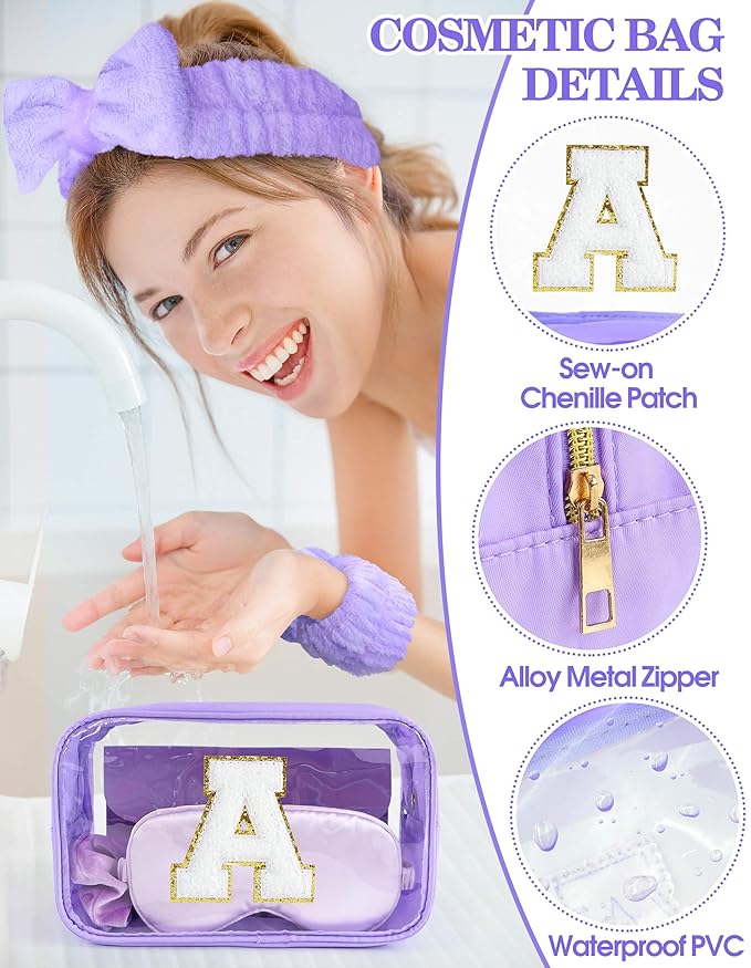 Gift Sets for Women, Initial Makeup Bag with Makeup Brush Set Bachelorette Party Favors, Purple Spa Kit with Skincare Headbands Wrist Bands Sleepover Party Supplies Gifts for Teen Girls Bridesmaid A