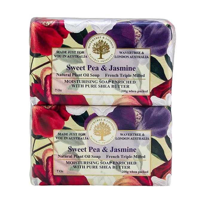 Wavertree & London Sweet Pea & Jasmine Scented Natural Soap (2 Bars), 7oz Moisturizing French Triple Milled Soap Bars enriched with shea butter - Pure Plant Based Bath & Body Bars for All Skin Types
