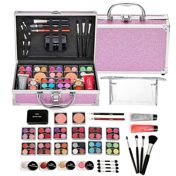 Anpro All-In-One Makeup Carry Case with Pro Teen Makeup Set, Full Starter Cosmetics Kit with Makeup Brushes, Lipsticks, Eye Shadows Palette, Blushes, Glitter Gel-Purple