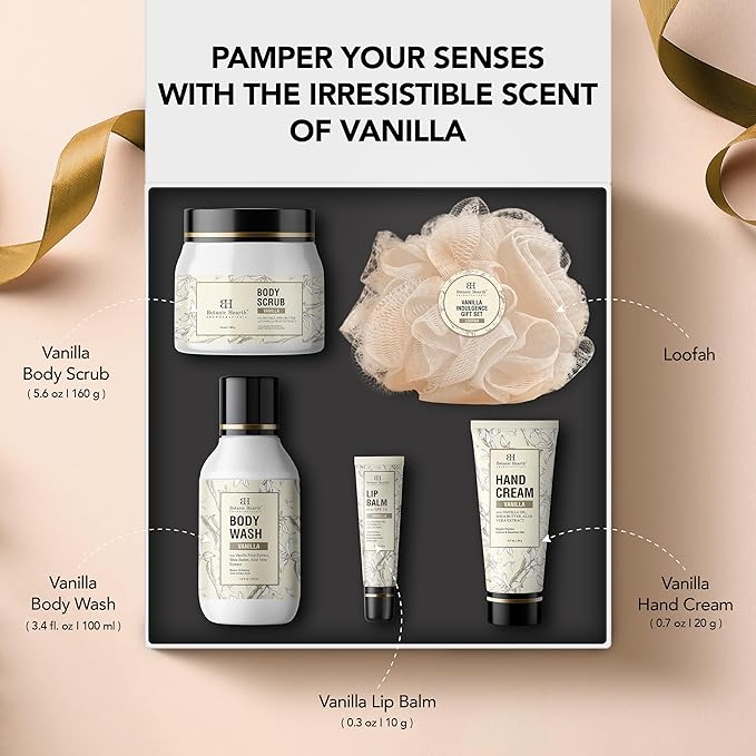 Gift Set For Women & Men | Vanilla Body Scrub, Body Wash, Hand Cream, Lip Balm, Loofah | 5 Piece Set | Birthday, Wife, Girlfriend, Sister | 10.2 Fl Oz