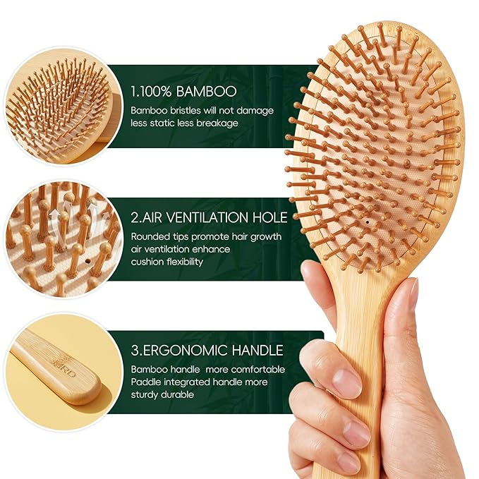 MRD Bamboo Hair Brush Set, 4-Piece Detangling Hairbrush and Comb Kit, Paddle Brush for Women Men Kids, All Hair Types-Gift Box