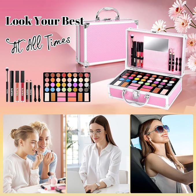 Beginner Makeup Kit for Teen,Makeup Set for Girl Women,Beginner Makeup Kit with Cosmetic Train Case Included 32 Colors Eyeshadow Blush Contour Lip Gloss Lip Liner Mascara Eyeliner Mirror