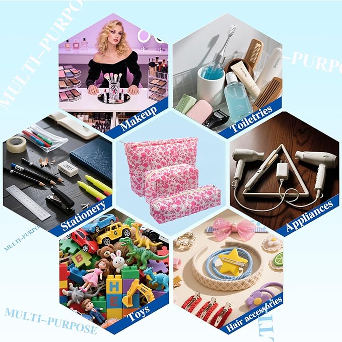 3 Piece Pink Quilted Floral Makeup Bag Set Small Cosmetic Bag For Women Cute Cotton Makeup Pouch For Purse