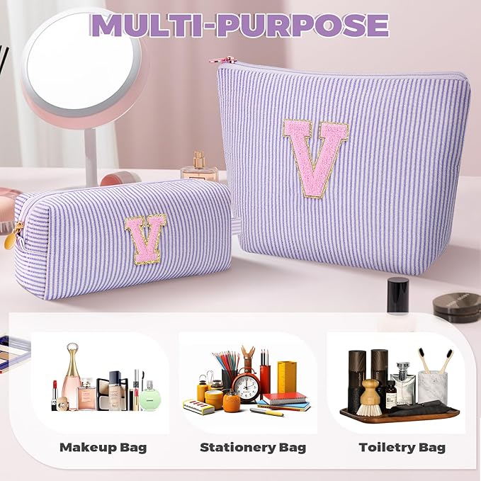 Personalized Makeup Bag for Women Girls - Fashion Cosmetic Bag Trendy Travel Toiletry Bag with Initials Letter - Teen Gifts - Lavender,V