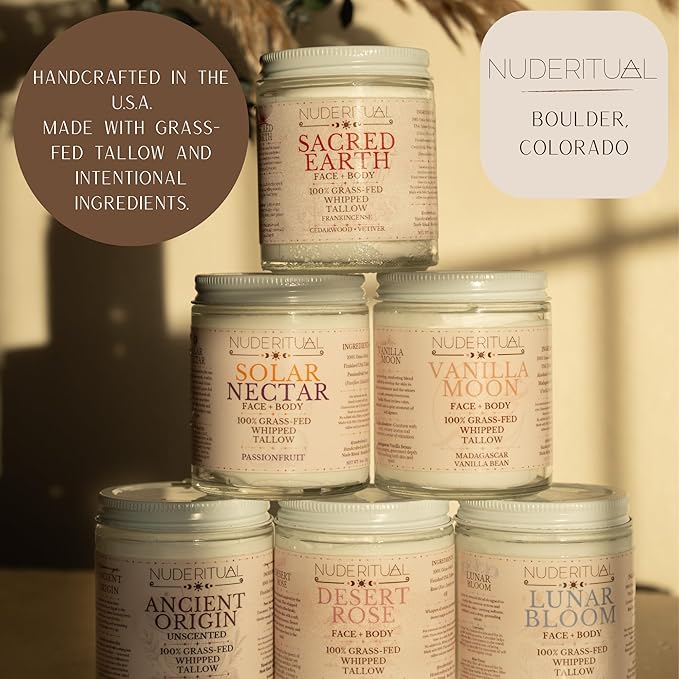 100% Grass-Fed Whipped Tallow Balm for Skin Care – Face + Body – Natural Moisturizer Lotion, 4 oz (Solar Nectar)