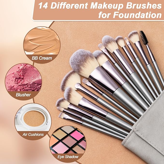 Makeup Brushes, 14 Pcs Professional Makeup Brush Set, Eye and Face Foundation Brush Set, Eyeshadow Brushes, Cosmetic Brushes, with PU Bag, Champagne