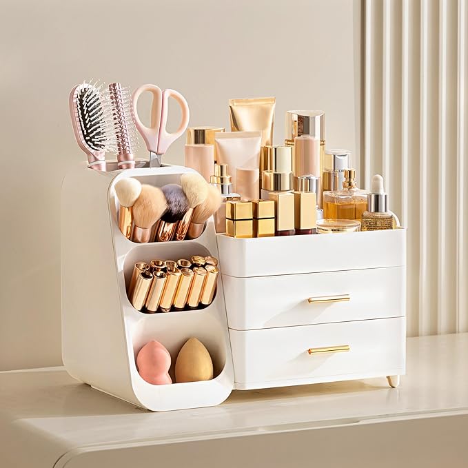 HBlife Makeup Organizer with Brush Holder for Vanity, Large Plastic Bathroom Countertop Organizer Skin Care Storage, Easy to Store Lipsticks, Nail Polishes, Perfumes, Eyeshadow Palettes, All White