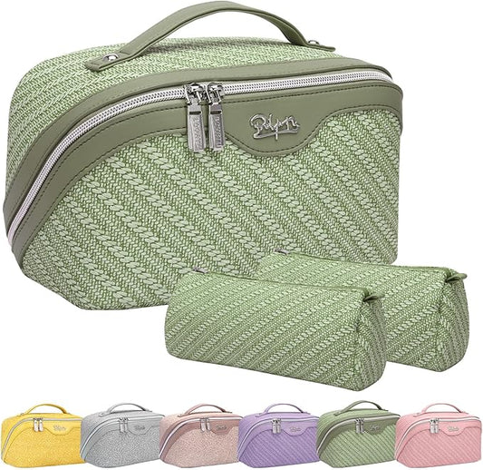 BOYATU Travel Makeup Bags for Women: Large Cosmetic Bag Waterproof - Vegan Leather Make up Bag Set of 3 - Compact Toiletry Organizer with Compartments & Handle & Divider (Z-Green)
