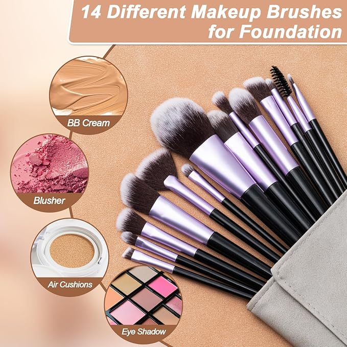 Makeup Brushes, 14 Pcs Professional Makeup Brush Set, Eye and Face Foundation Brush Set, Eyeshadow Brushes, Cosmetic Brushes, with PU Bag, Pale Purple