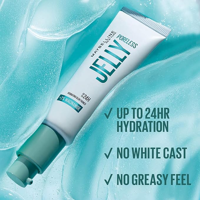 Maybelline Poreless Jelly Primer, Hydrating, Blurring Makeup Primer with 2% Niacinamide For Up To 24HR Make Up Wear, Clear, 1 Count