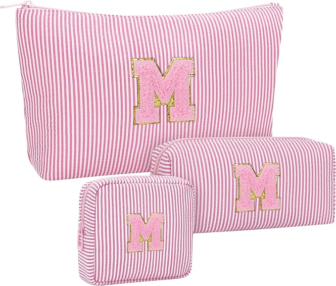 MONSTINA Mom Gifts for Mom, Personalized Initial Makeup Bag Cosmetic Bags for Women Cute|Makeup Pouch Birthday Gifts for Mother,Birthday Gift for Her Cute Toiletry Bag,3PCS Pink M