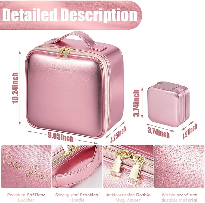 Makeup Travel Train Case with Mirror LED Light 3 Adjustable Brightness Large Cosmetic Bag Portable Storage Adjustable Partition Waterproof Makeup Brushes Make up Jewelry Gift for Women