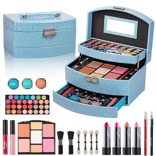 Hot Sugar Girls All-in-One Makeup Kit for Teens 10-16 Years | Beginner Cosmetic Set with Real Makeup Tools & Cosmetics | Birthday Christmas Gift for Girls (Blue)